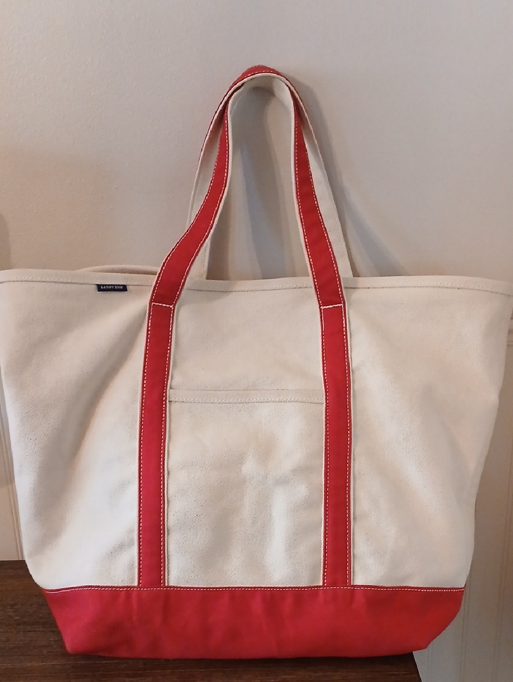 Lands End Extra Large Heavy Duty Canvas Boat Style Tote Bag Red Trim